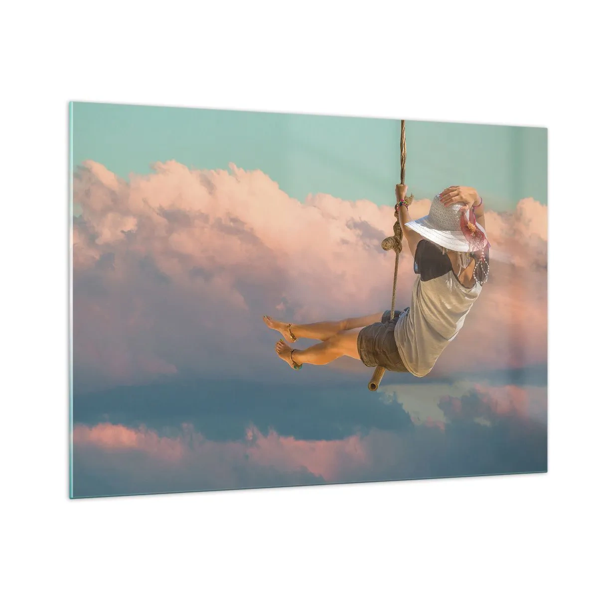 Quadro su vetro - Ragazza sull'altalena tra le nuvole rosa - 100x70cm - Divertimento tra le nuvole - Decorazione murale moderna per soggiorno e camera da letto ARTTOR