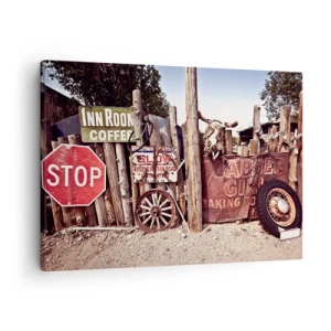 Quadro su tela - Stampe su Tela - Decorazioni rustiche con cartelli e una ruota sulla recinzione - 70x50cm - E il tempo si è fermato - Decorazione murale moderna per soggiorno e camera da letto ARTTOR