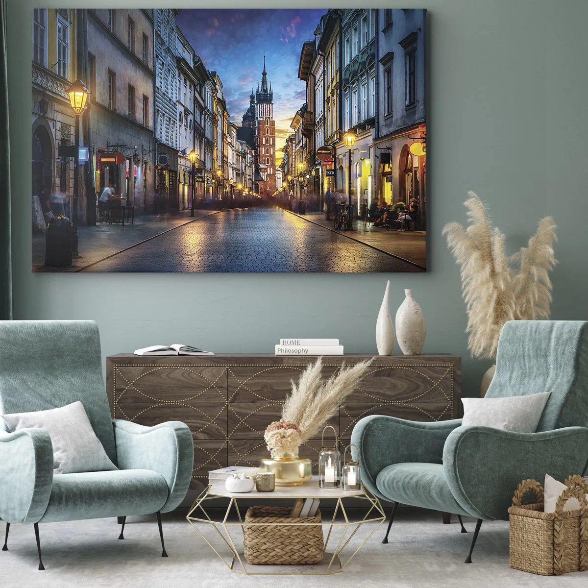 Quadro su tela - Stampe su Tela - Strada serale con vista sulla Cattedrale di Cracovia - 70x50cm - La magia di Cracovia - Decorazione murale moderna per soggiorno e camera da letto ARTTOR