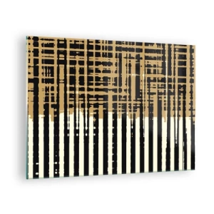Quadro su vetro - Righe e linee geometriche nei toni del nero e dell'oro - 70x50cm - Astrazione architettonica - Decorazione murale moderna per soggiorno e camera da letto ARTTOR