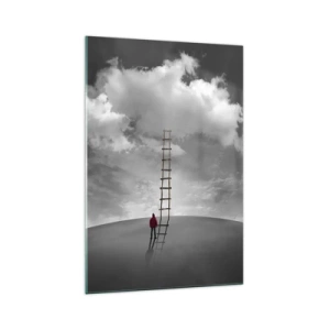 Quadro su vetro - Una persona con un cappotto rosso e una scala che porta a una nuvola - 70x100cm - Tutto è possibile - Decorazione murale moderna per soggiorno e camera da letto ARTTOR