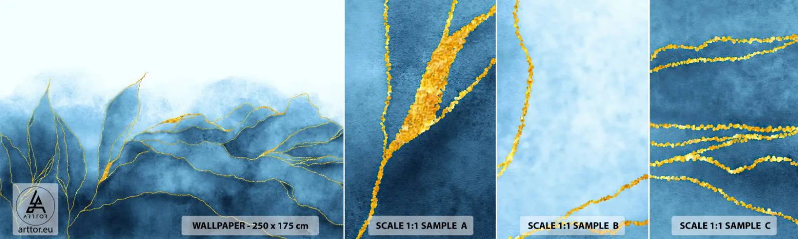 Campione Di Fotomurale Standard Eco - Blu nell'oro - Lusso, Fascino, Astrazione - 100x30 cm