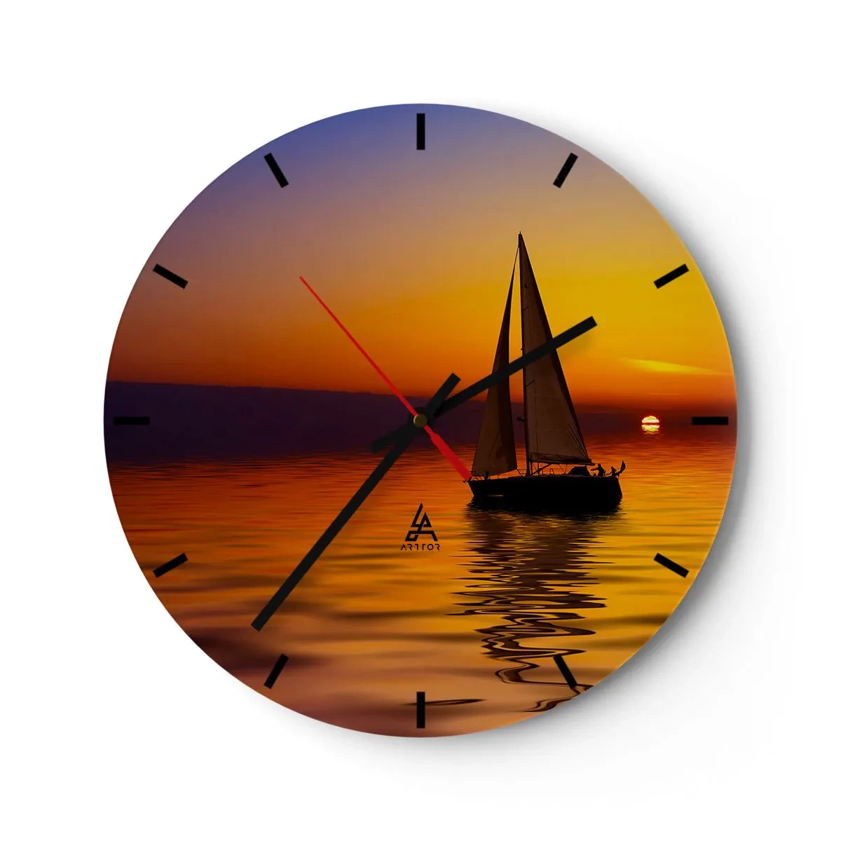 Orologio da parete - Orologio in Vetro - Una barca a vela in mare al tramonto - 30x30cm - Che silenzio al tramonto... - Decorazione murale moderna per soggiorno, cucina e camera da letto ARTTOR