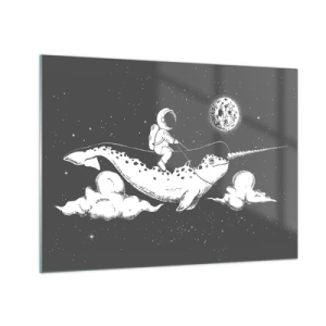 Quadro su vetro - Astronauta che cavalca un narvalo in un ambiente spaziale - 70x50cm - Il cavaliere dello spazio - Decorazione murale moderna per soggiorno e camera da letto ARTTOR