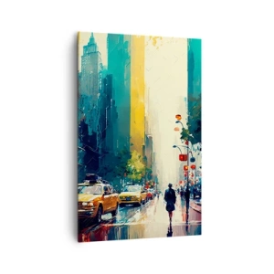 Quadro su tela - Stampe su Tela - Una città vivace con taxi e passanti - 80x120cm - New York: qui anche la pioggia è colorata - Decorazione murale moderna per soggiorno e camera da letto ARTTOR
