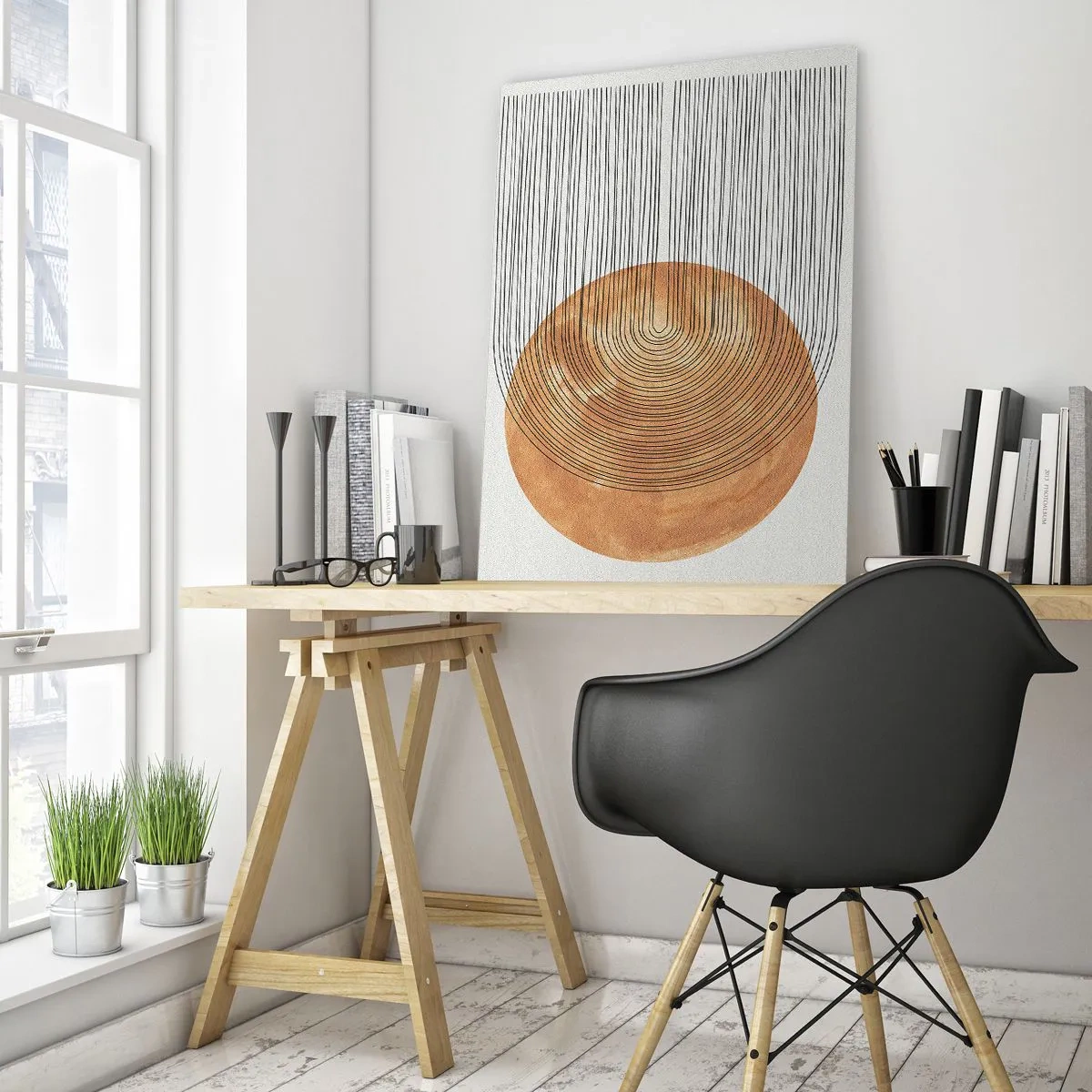 Quadro su vetro - Forma geometrica con linee concentriche e un cerchio dorato - 50x70cm - Composizione solare - Decorazione murale moderna per soggiorno e camera da letto ARTTOR