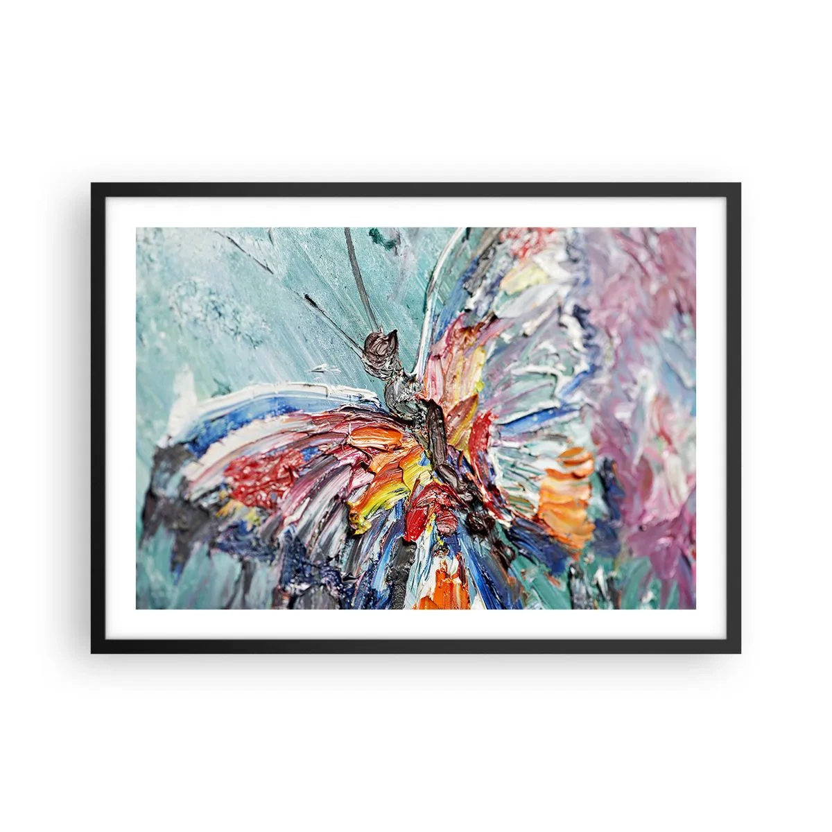 Poster in cornice nera - Farfalla colorata in impasto su sfondo pastello - 70x50cm - Dipinto dalla natura - Decorazione murale moderna per soggiorno e camera da letto ARTTOR