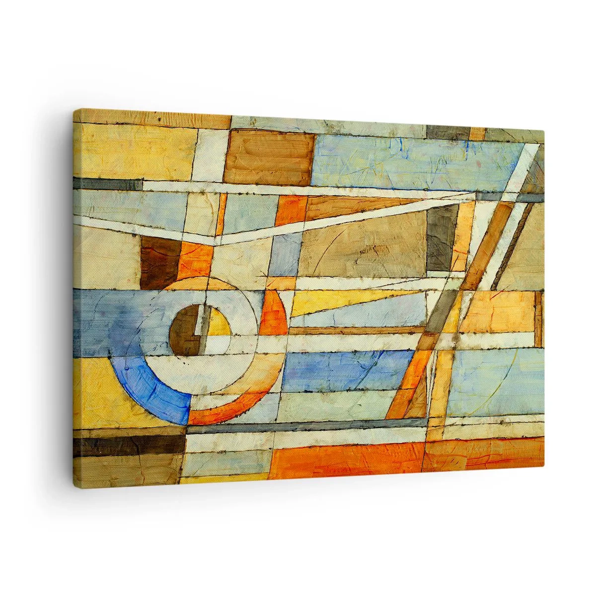 Quadro su tela - Stampe su Tela - Astrazione geometrica nei toni del beige, blu e arancione - 70x50cm - Cubismo in cantiere - Decorazione murale moderna per soggiorno e camera da letto ARTTOR