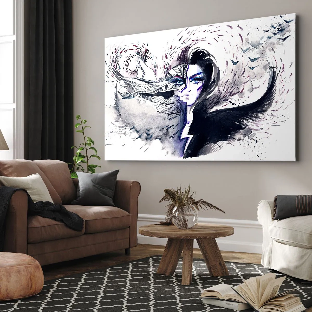 Quadro su tela - Stampe su Tela - Volto astratto con elementi contrastanti e motivo ad ala - 70x50cm - Bella e demoniaca - Decorazione murale moderna per soggiorno e camera da letto ARTTOR