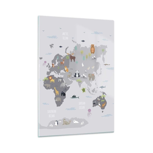 Quadro su vetro - Mappa del mondo illustrata con animali caratteristici - 50x70cm - Dimmi di dove sei... - Decorazione murale moderna per soggiorno e camera da letto ARTTOR