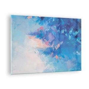 Quadro su vetro - Paesaggio invernale astratto con tonalità blu fredde e tenui sfumature rosa - 70x50cm - Astrazione invernale - Decorazione murale moderna per soggiorno e camera da letto ARTTOR