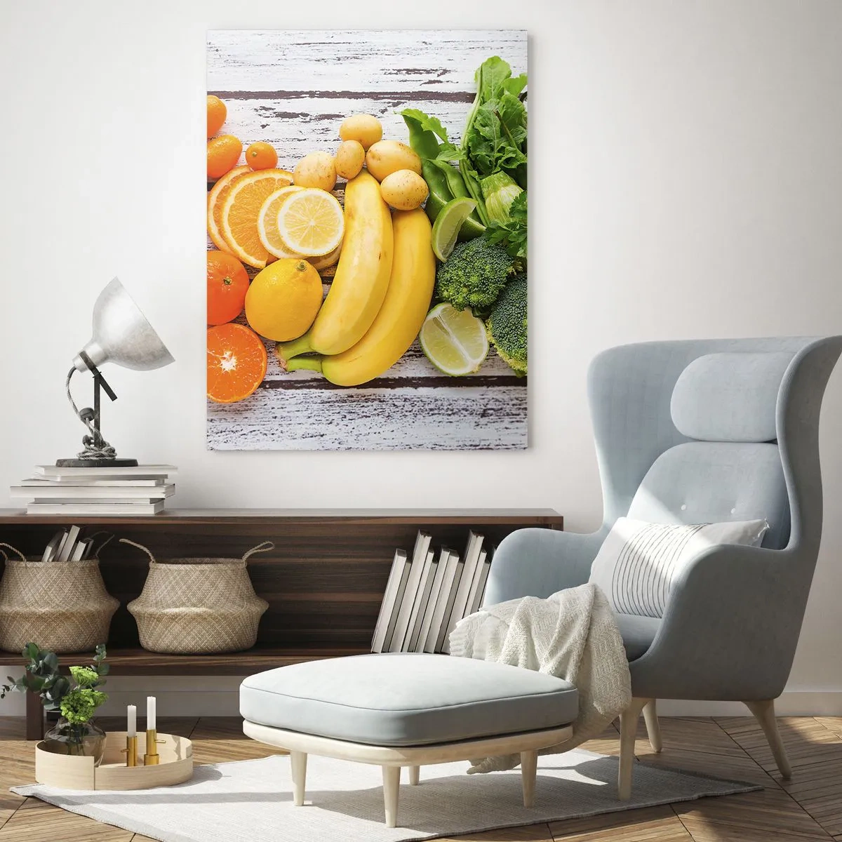 Quadro su vetro - Frutta e verdura colorate disposte su un tavolo di legno - 50x70cm - Non basta? - Decorazione murale moderna per soggiorno e camera da letto ARTTOR