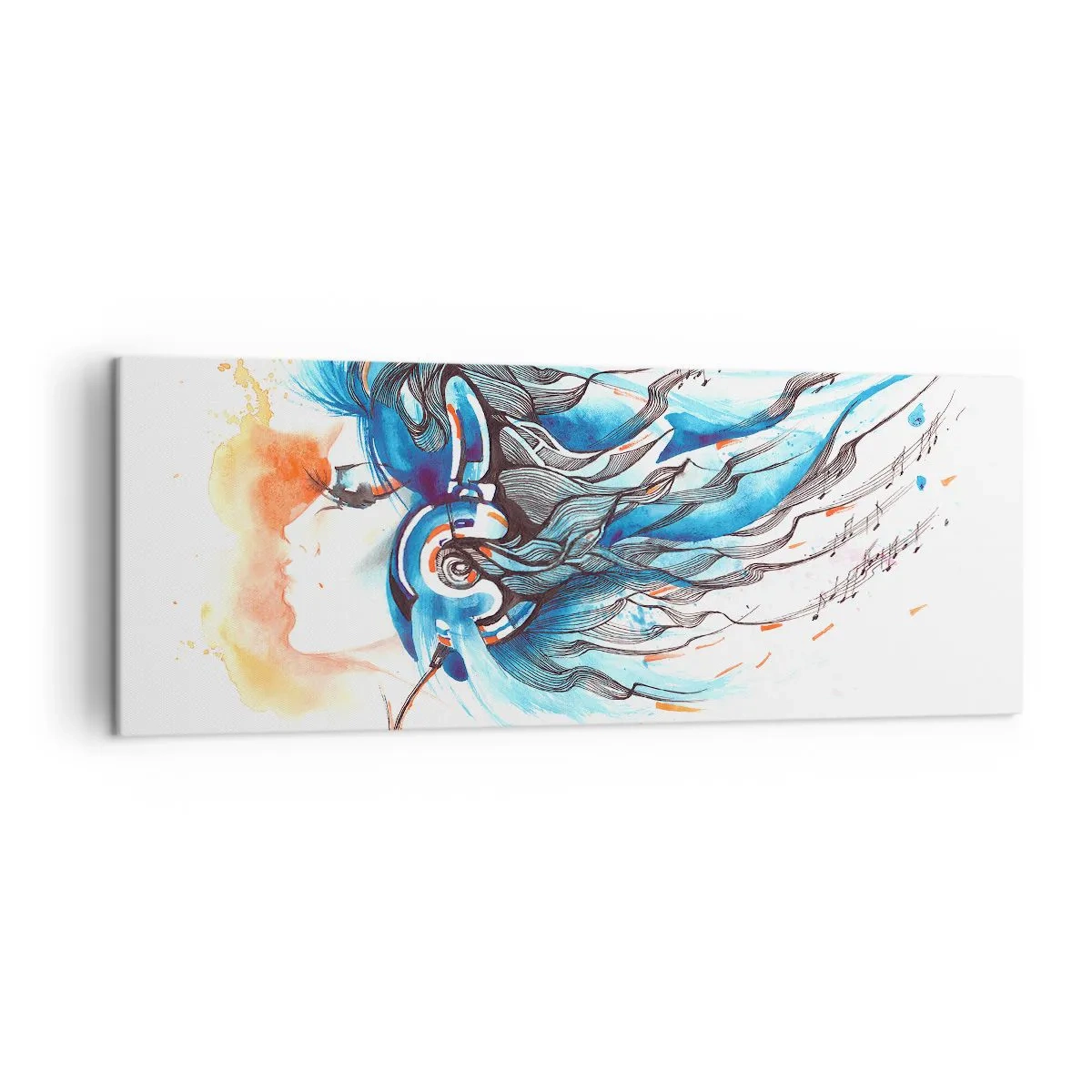 Quadro su tela - Stampe su Tela - Grafica artistica di una donna che indossa cuffie con accenti musicali - 140x50cm - Che suoni la musica - Decorazione murale moderna per soggiorno e camera da letto ARTTOR