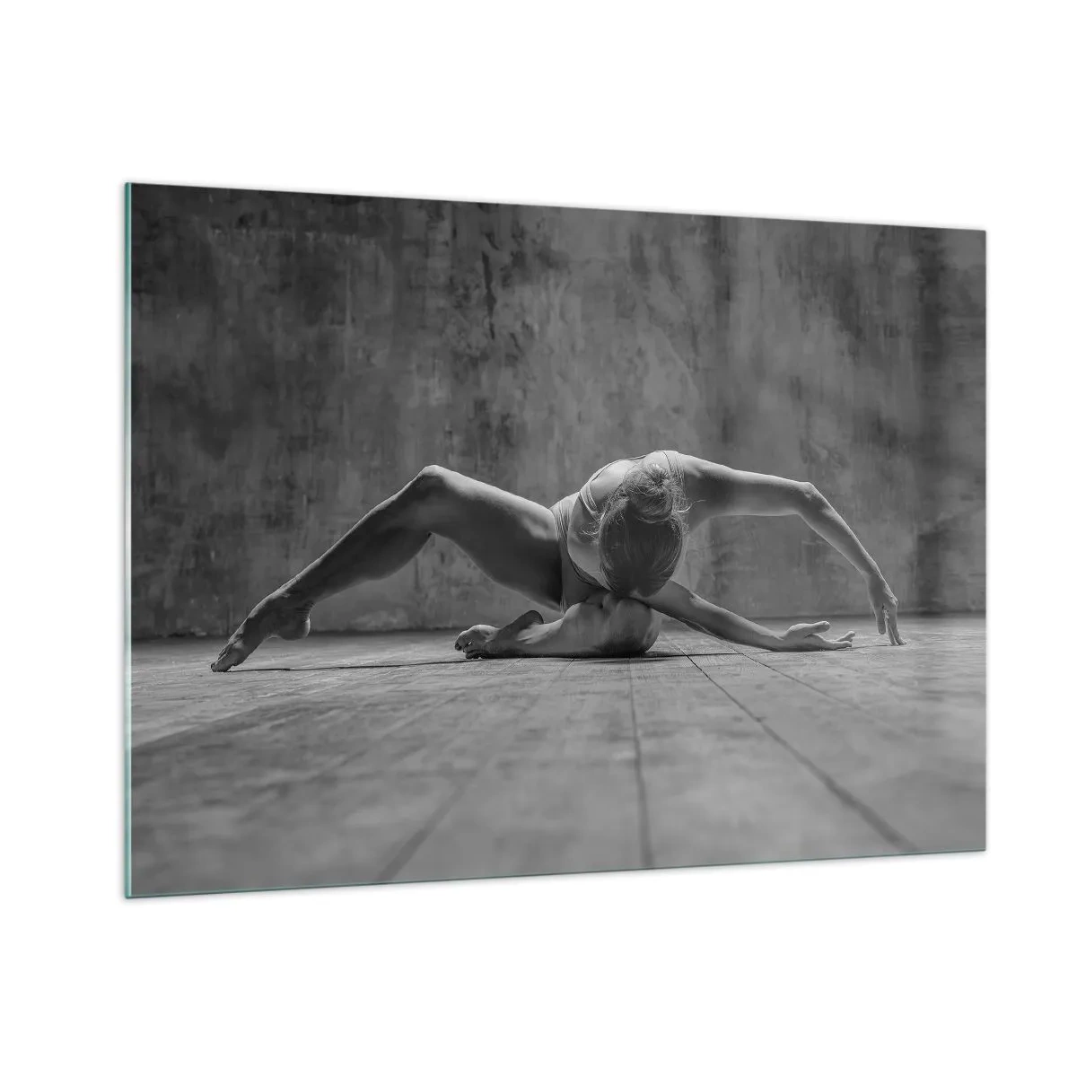 Quadro su vetro - Ballerina in posa sul pavimento - 100x70cm - Simmetria ritrovata - Decorazione murale moderna per soggiorno e camera da letto ARTTOR
