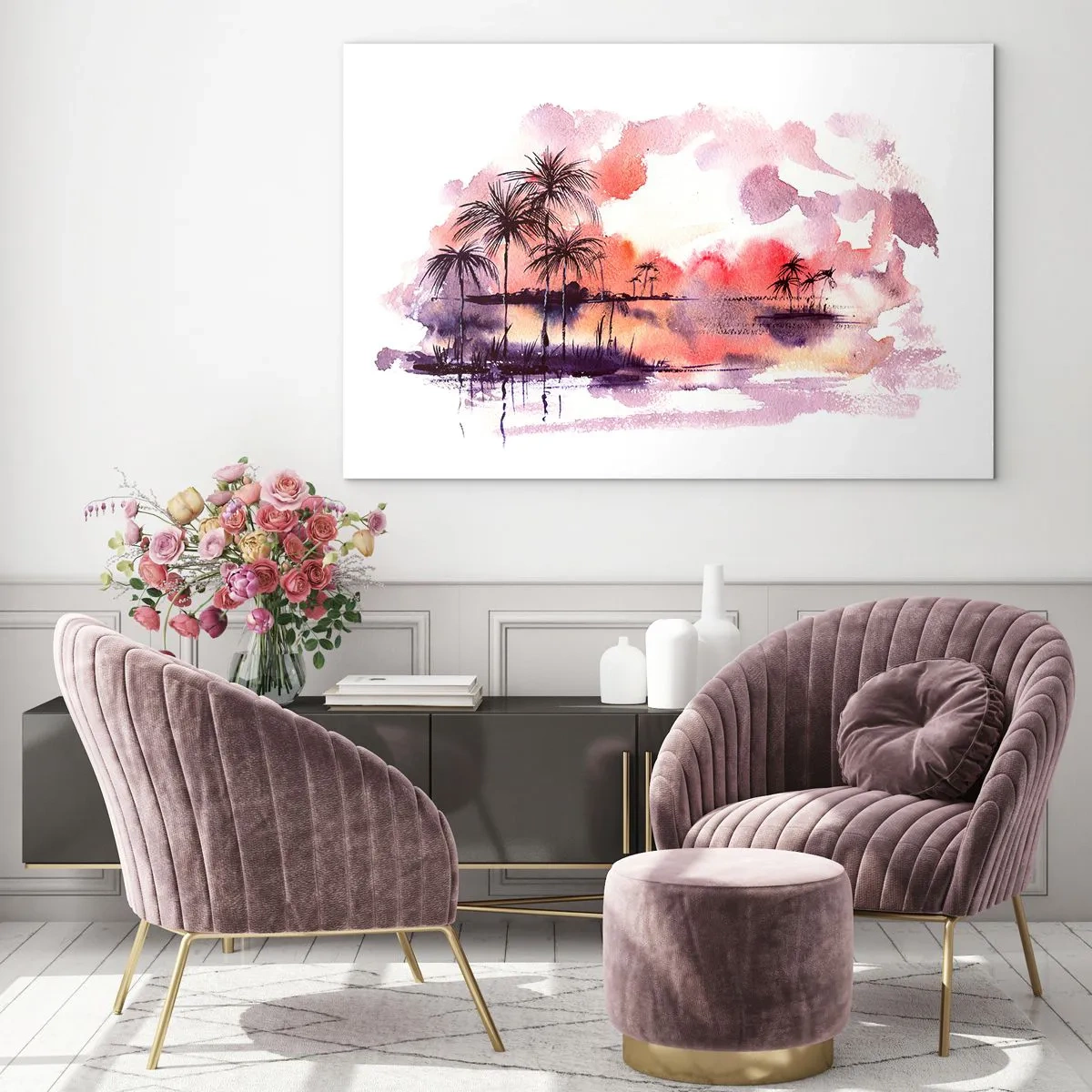 Quadro su vetro - Paesaggio tropicale al tramonto in acquerello - 120x80cm - Pace dei tropici in rosso - Decorazione murale moderna per soggiorno e camera da letto ARTTOR