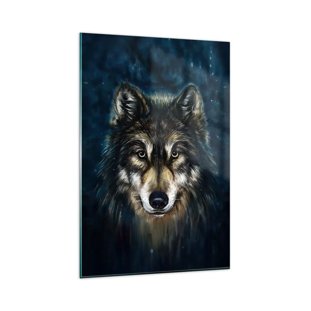 Quadro su vetro - Ritratto di un lupo su sfondo blu scuro - 80x120cm - Alfa? E omega - Decorazione murale moderna per soggiorno e camera da letto ARTTOR