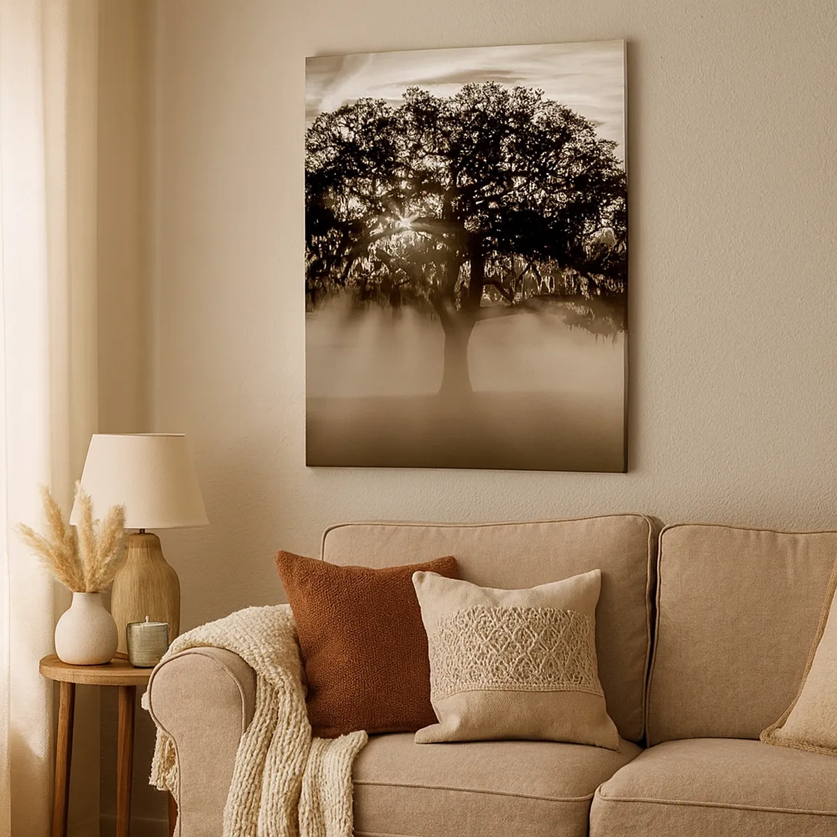 Quadro su tela - Stampe su Tela - Raggi di sole che brillano attraverso un albero solitario - 50x70cm - L'albero delle sole buone notizie - Decorazione murale moderna per soggiorno e camera da letto ARTTOR