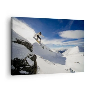Quadro su tela - Stampe su Tela - Uno snowboarder salta da una scogliera con montagne innevate sullo sfondo. - 70x50cm - Libertà senza confini - Decorazione murale moderna per soggiorno e camera da letto ARTTOR