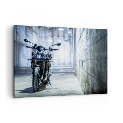 Quadro su tela - Stampe su Tela - Una motocicletta moderna in un interno industriale - 100x70cm - Prima che rombi il motore - Decorazione murale moderna per soggiorno e camera da letto ARTTOR