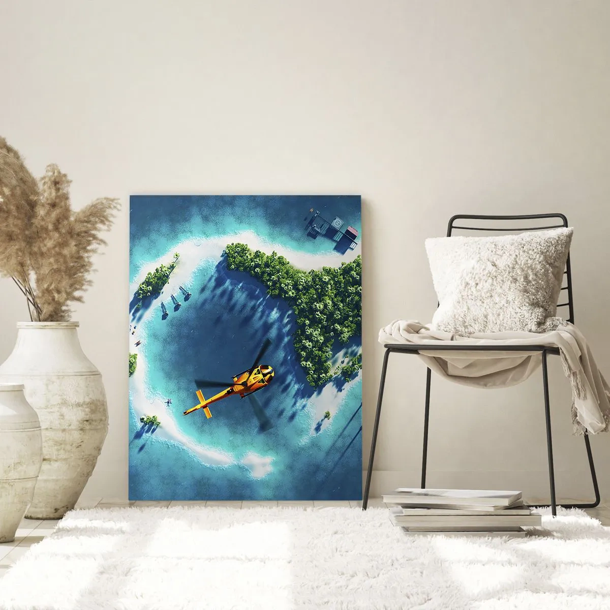 Quadro su vetro - Un'isola tropicale circondata da acque turchesi con un elicottero in vista - 80x120cm - Comprati un'isola - Decorazione murale moderna per soggiorno e camera da letto ARTTOR