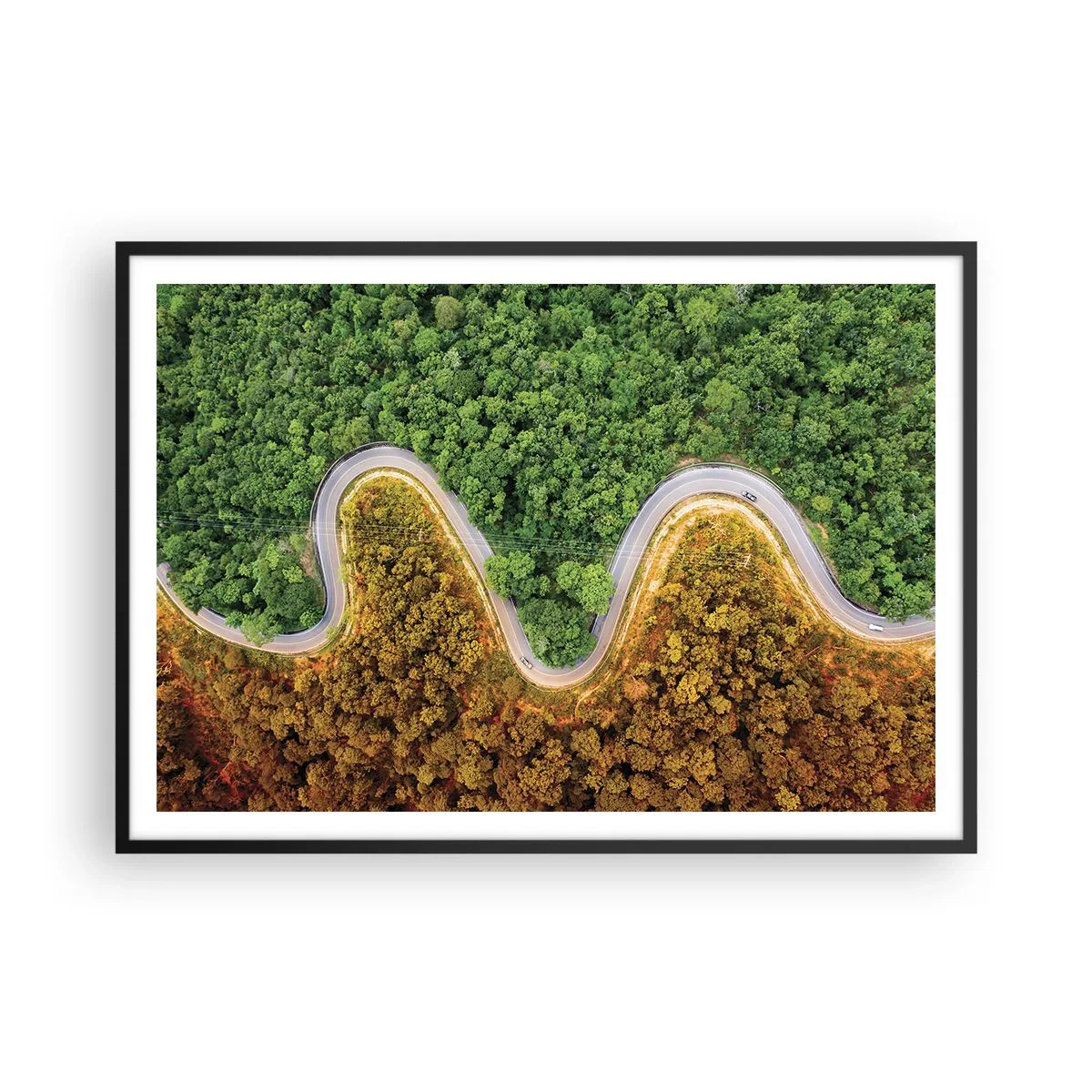 Poster in cornice nera - Una strada tortuosa attraverso la foresta vista da una prospettiva a volo d'uccello - 100x70cm - Confine e separazione - Decorazione murale moderna per soggiorno e camera da letto ARTTOR
