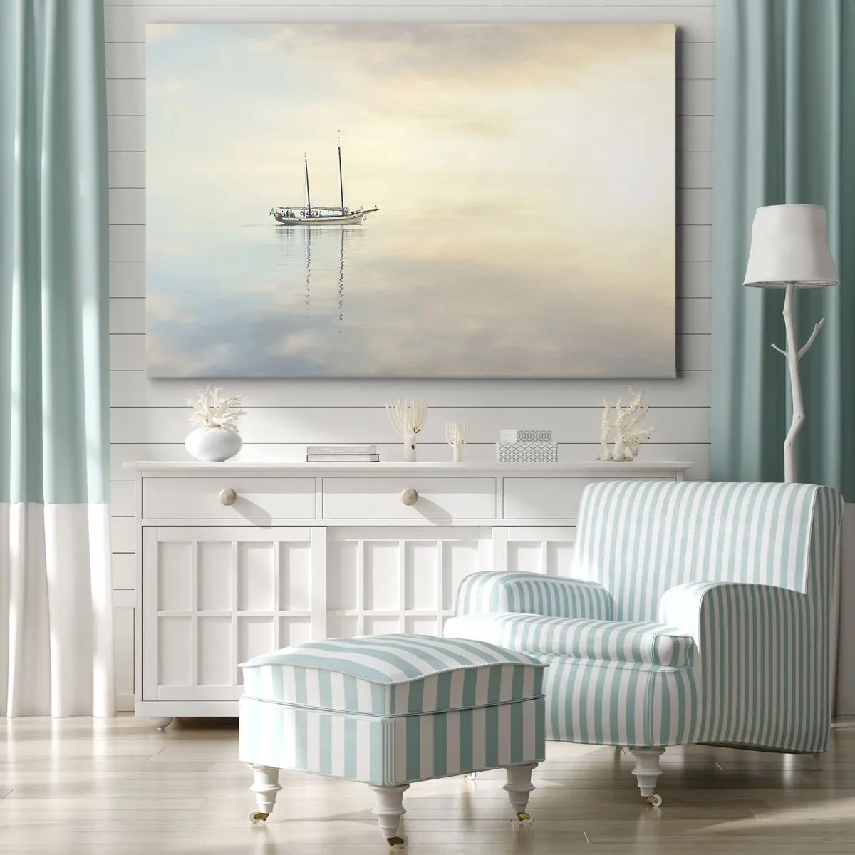 Quadro su tela - Stampe su Tela - Una barca su un mare calmo in una luce soffusa - 70x50cm - Silenzio in mare - Decorazione murale moderna per soggiorno e camera da letto ARTTOR
