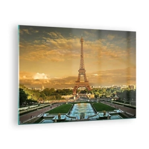Quadro su vetro - La Torre Eiffel circondata dai giardini parigini al tramonto - 70x50cm - La regina di Parigi - Decorazione murale moderna per soggiorno e camera da letto ARTTOR