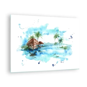 Quadro su vetro - Paesaggio tropicale con palme e un cottage in stile acquerello - 70x50cm - Da qualche parte nel Pacifico - Decorazione murale moderna per soggiorno e camera da letto ARTTOR