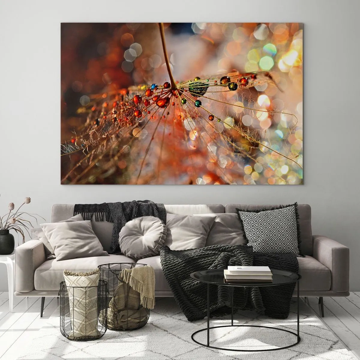 Quadro su vetro - Gocce d'acqua su una delicata ragnatela in luce bokeh - 120x80cm - Posate sulla ragnatela - Decorazione murale moderna per soggiorno e camera da letto ARTTOR