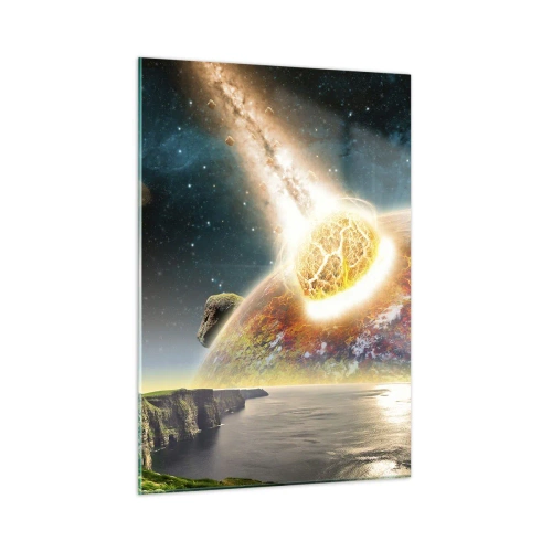 Quadro su vetro - Un meteorite si scontra con un pianeta nello spazio. - 50x70cm - Dramma cosmico - Decorazione murale moderna per soggiorno e camera da letto ARTTOR