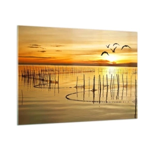 Quadro su vetro - Tramonto su un lago con uccelli e reti da pesca - 100x70cm - Alla pesca - Decorazione murale moderna per soggiorno e camera da letto ARTTOR