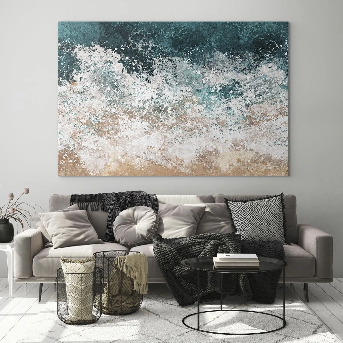 Quadro su vetro - Onda marina astratta nei toni del turchese, bianco e beige sabbia - 120x80cm - Storie di mare - Decorazione murale moderna per soggiorno e camera da letto ARTTOR