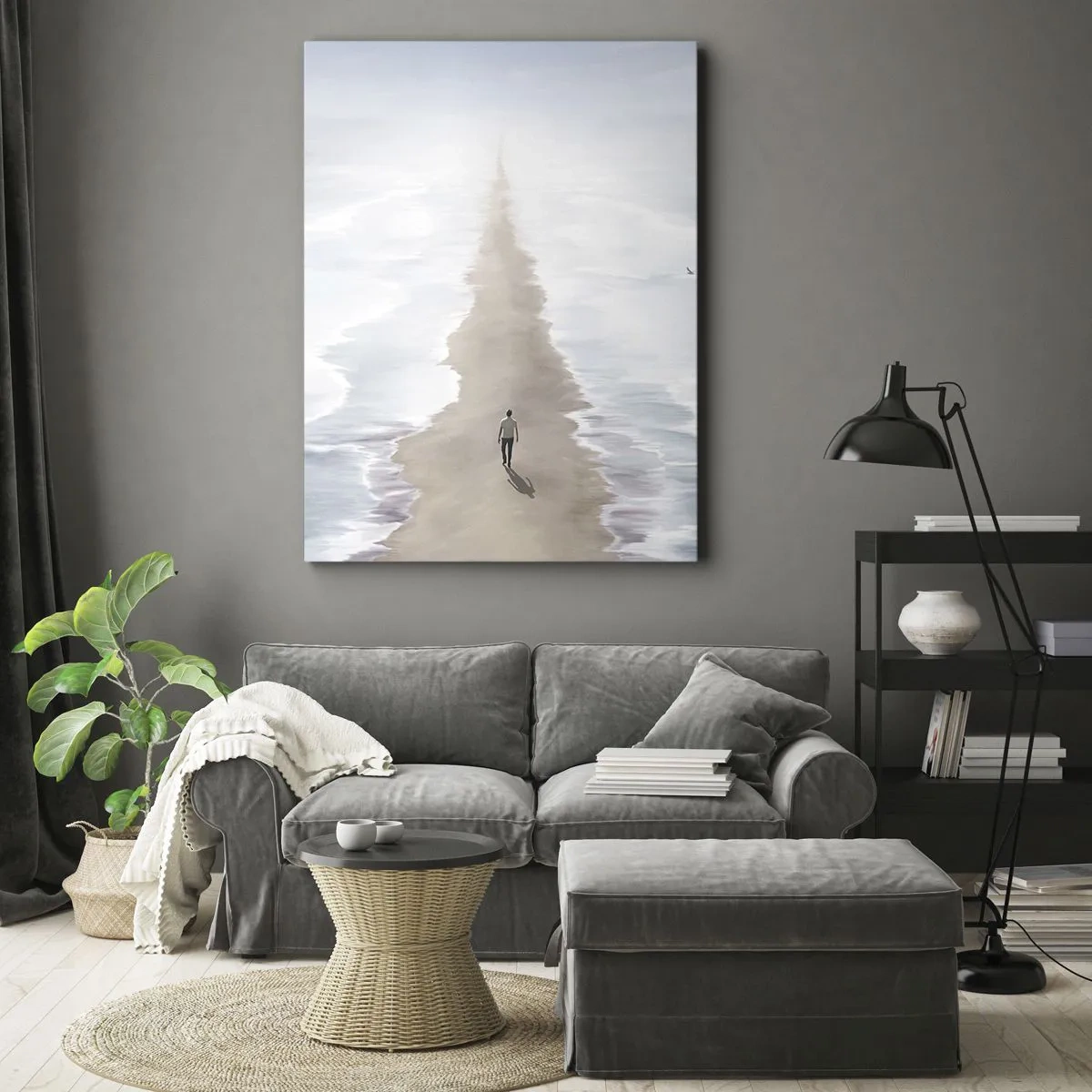 Quadro su tela - Stampe su Tela - Una figura su una strada solitaria in mezzo a un vasto paesaggio acquatico - 70x100cm - Un futuro luminoso - Decorazione murale moderna per soggiorno e camera da letto ARTTOR