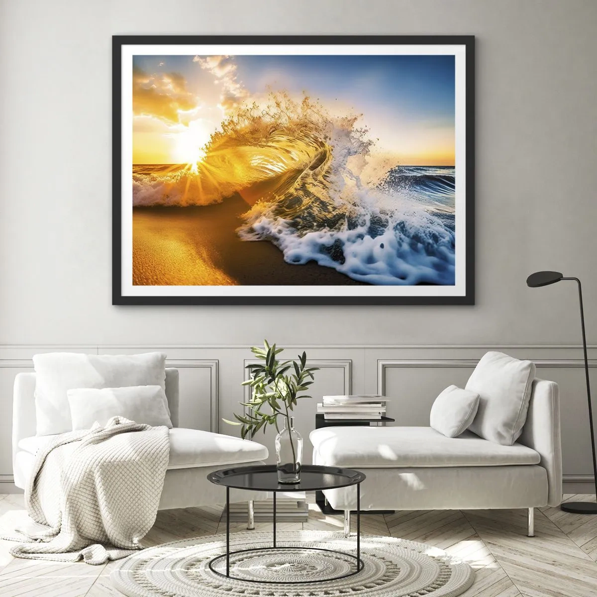 Poster in cornice nera - Un'onda dorata sullo sfondo del sole al tramonto - 70x50cm - Gioco sulla sabbia - Decorazione murale moderna per soggiorno e camera da letto ARTTOR
