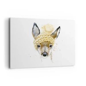 Quadro su tela - Stampe su Tela - Cervo acquerello con berretto giallo - 100x70cm - L'inverno nel bosco innevato - Decorazione murale moderna per soggiorno e camera da letto ARTTOR