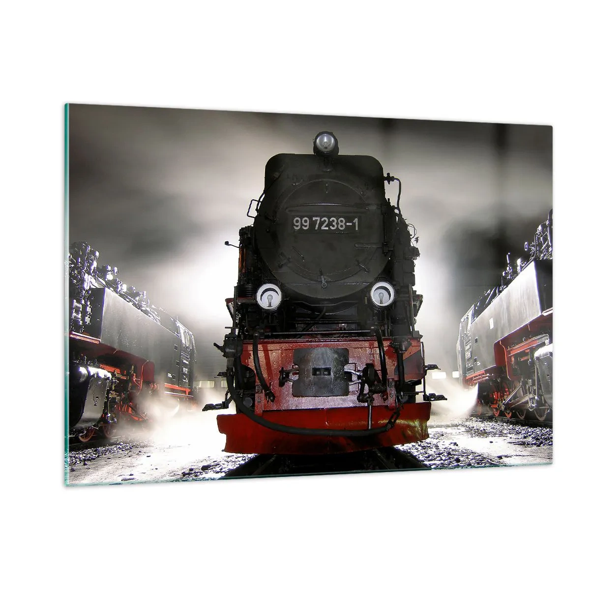 Quadro su vetro - Una locomotiva a vapore circondata da vapore e luce - 120x80cm - Ansima, sbuffa e soffia - Decorazione murale moderna per soggiorno e camera da letto ARTTOR