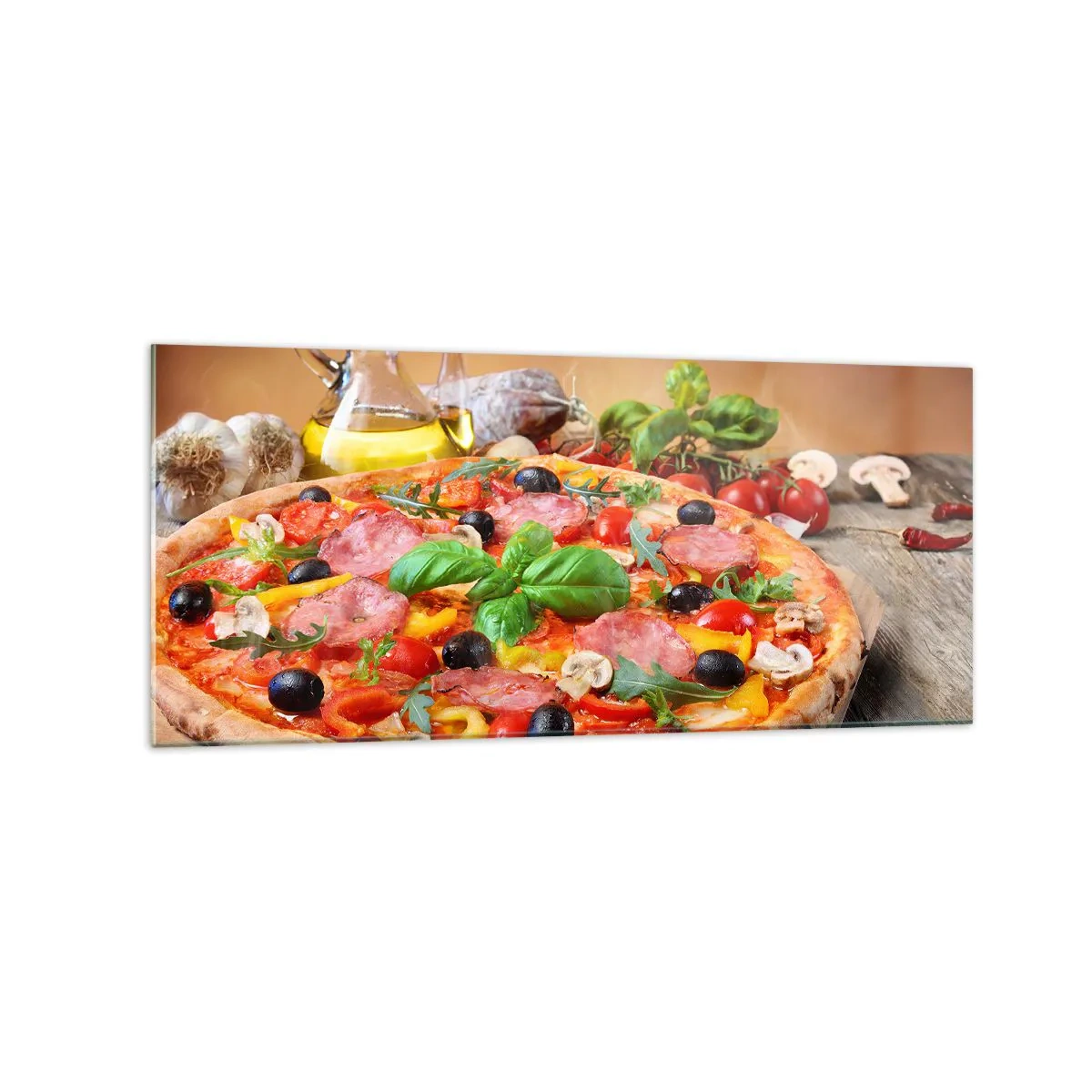 Quadro su vetro - Pizza appetitosa su un tavolo di legno con condimenti - 120x50cm - Con gusto veramente italiano - Decorazione murale moderna per soggiorno e camera da letto ARTTOR