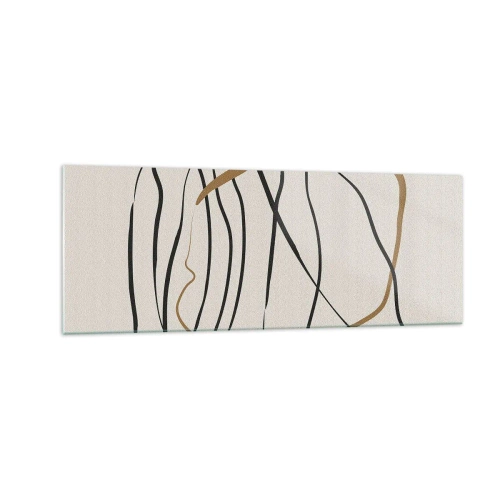 Quadro su vetro - Linee artistiche in nero e oro su uno sfondo chiaro - 140x50cm - Composizione: danza intricata - Decorazione murale moderna per soggiorno e camera da letto ARTTOR