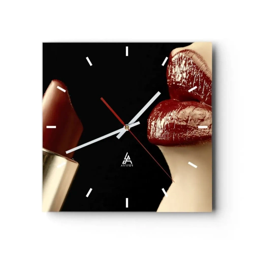 Orologio da parete - Orologio in Vetro - Labbra rosse e rossetto su sfondo nero - 30x30cm - Sensualità e splendore del carminio - Decorazione murale moderna per soggiorno e camera da letto ARTTOR