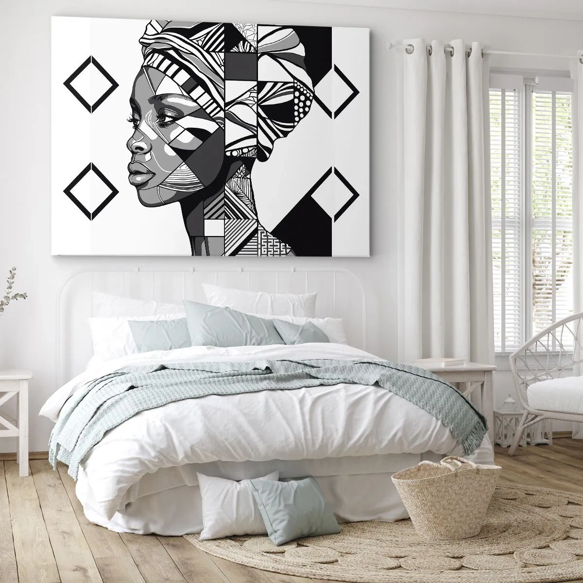 Quadro su tela - Stampe su Tela - Ritratto in bianco e nero di una donna in stile etnico - 100x70cm - Ritratto etnico - Decorazione murale moderna per soggiorno e camera da letto ARTTOR