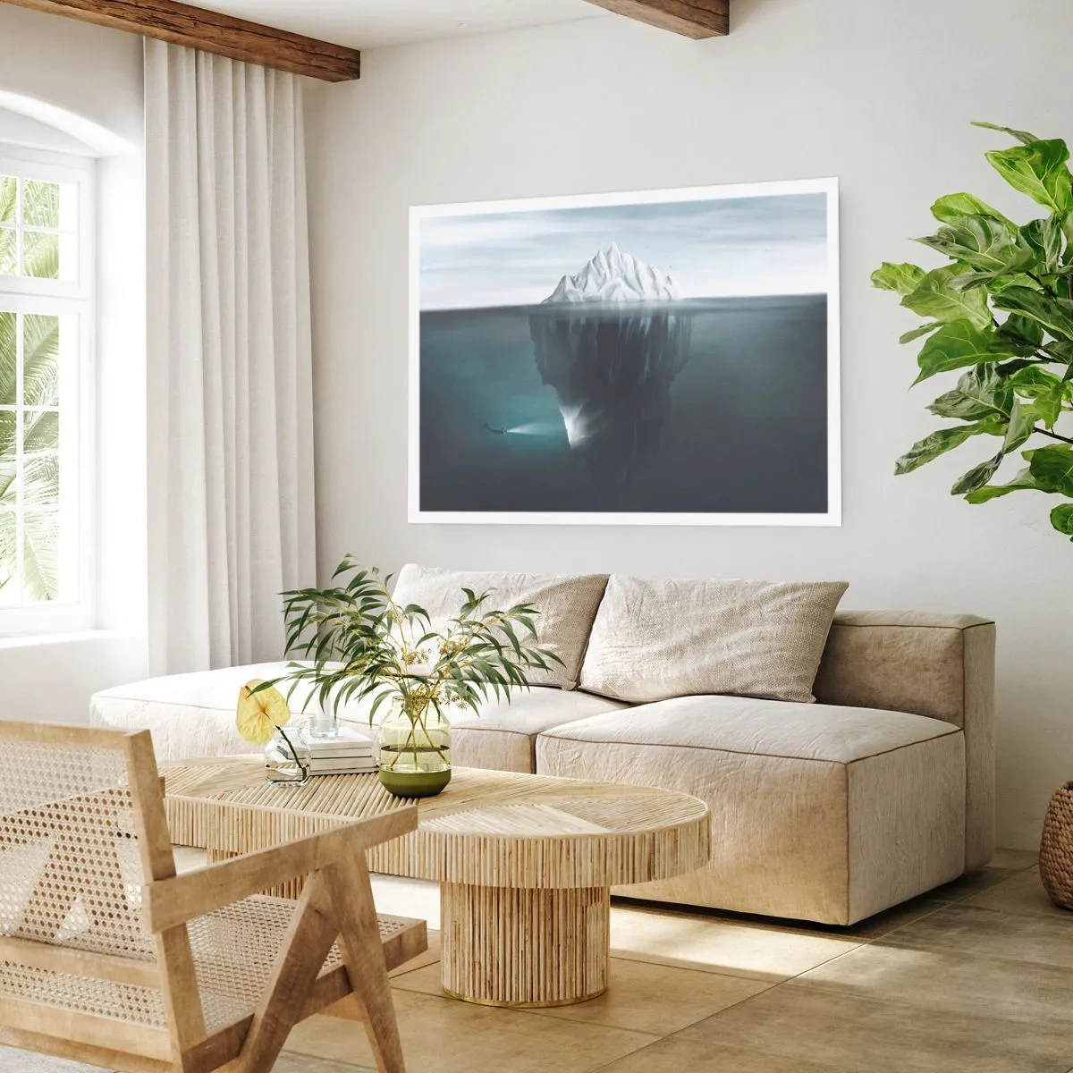 Poster - Un iceberg in acqua con un sub e un riflettore sotto la superficie. - 100x70cm - Mistero sottomarino - Decorazione murale moderna per soggiorno e camera da letto ARTTOR