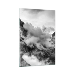 Quadro su vetro - Vista in bianco e nero delle montagne circondate dalle nuvole - 70x100cm - Belli e terribili - Decorazione murale moderna per soggiorno e camera da letto ARTTOR
