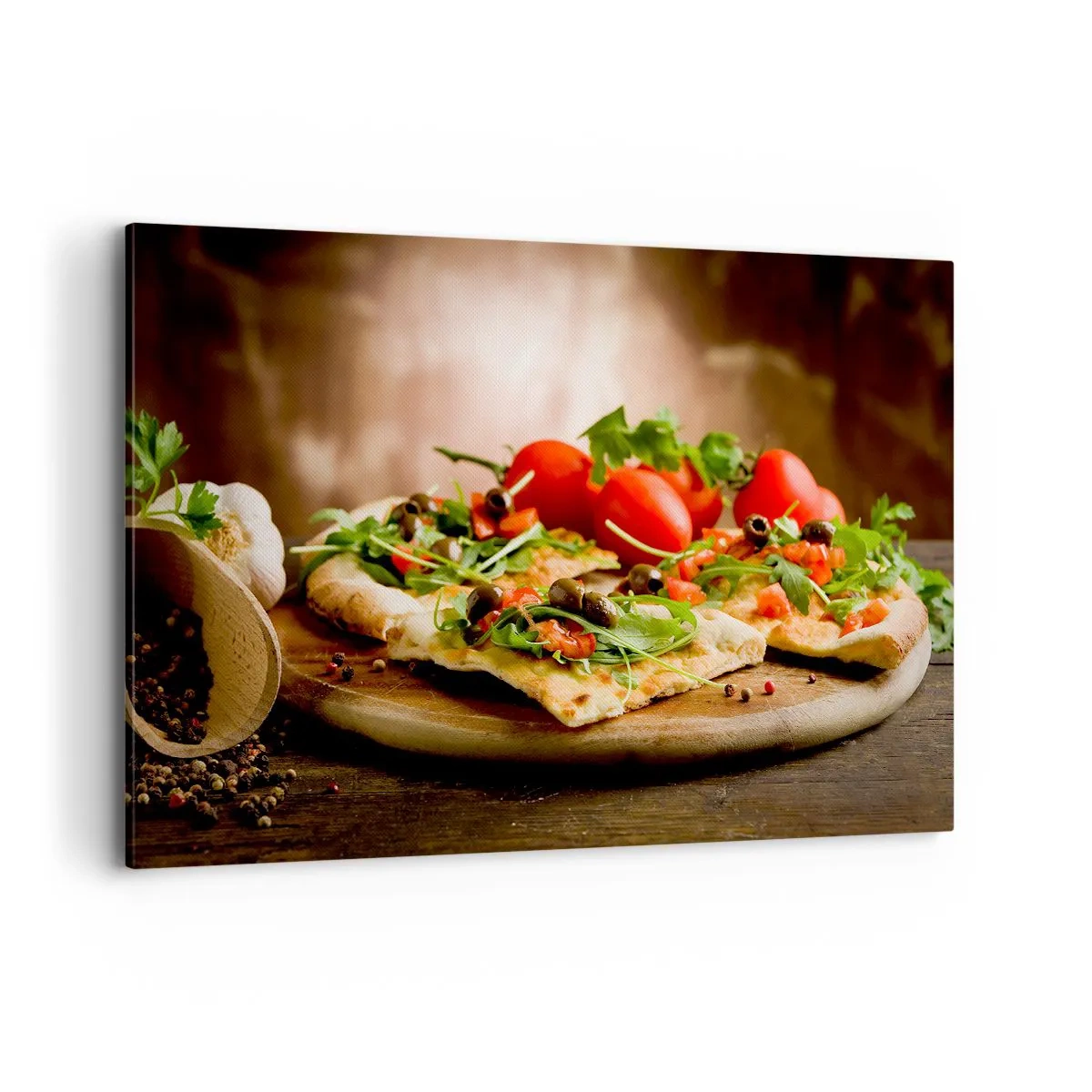 Quadro su tela - Stampe su Tela - Pizza con verdure su tagliere di legno in stile rustico - 120x80cm - Direttamente dal forno e dal giardino - Decorazione murale moderna per soggiorno e camera da letto ARTTOR