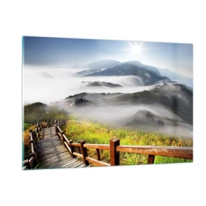 Quadro su vetro - Paesaggio montano con nebbia e sentiero in legno all'alba - 120x80cm - Avvolti di luce e nebbia - Decorazione murale moderna per soggiorno e camera da letto ARTTOR