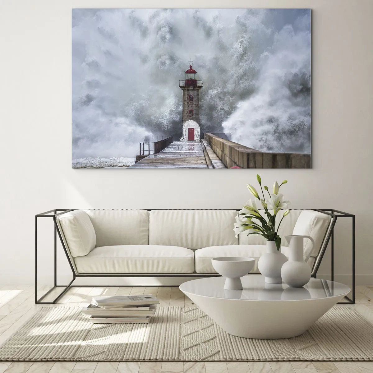 Quadro su vetro - Un faro viene colpito da un'onda potente. - 100x70cm - Fragore delle acque, rumore di tempesta - Decorazione murale moderna per soggiorno e camera da letto ARTTOR