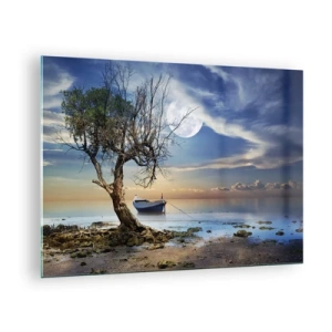 Quadro su vetro - Una barca solitaria vicino a un albero con la luna sullo sfondo - 70x50cm - È la fine o l'inizio? - Decorazione murale moderna per soggiorno e camera da letto ARTTOR