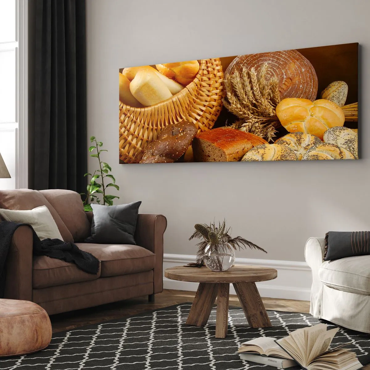 Quadro su tela - Stampe su Tela - Vari tipi di pane in un cestino di vimini su fondo oro - 140x50cm - Direttamente dal forno - Decorazione murale moderna per soggiorno e camera da letto ARTTOR