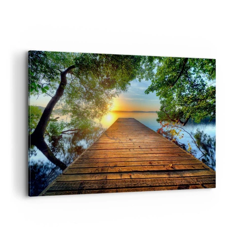 Quadro su tela - Stampe su Tela - Un molo di legno circondato dal verde durante il tramonto - 100x70cm - Non avere fretta, siediti - Decorazione murale moderna per soggiorno e camera da letto ARTTOR