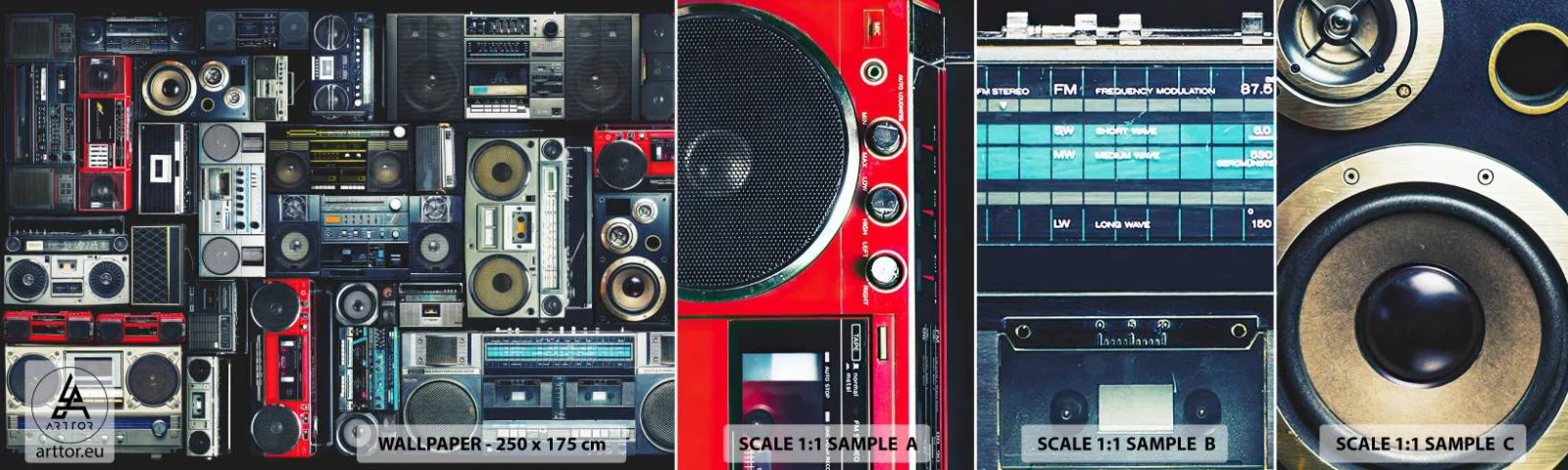 Campione di Fotomurale Adesivo Deluxe Sticker - Nostalgia degli anni '80 - Registratore, Amplificatore musicale, Attrezzatura musicale d'epoca - 100x30 cm