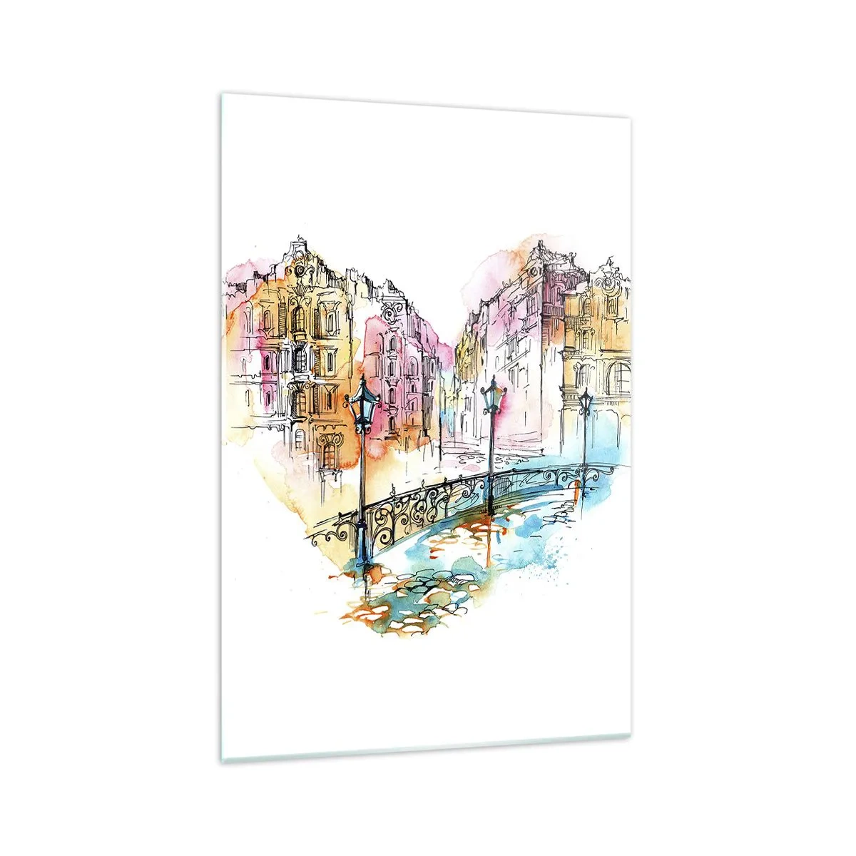 Quadro su vetro - Acquerello di un ponte e case popolari a forma di cuore - 70x100cm - Il cuore della città - Decorazione murale moderna per soggiorno e camera da letto ARTTOR